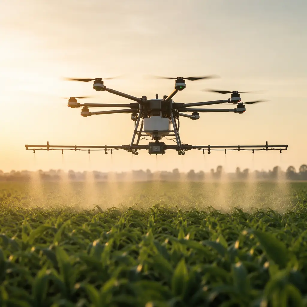 Agricultural spraying drone with boom sprayer system flying over crop field at dawn, dark industrial engineering aesthetic with mist effect
