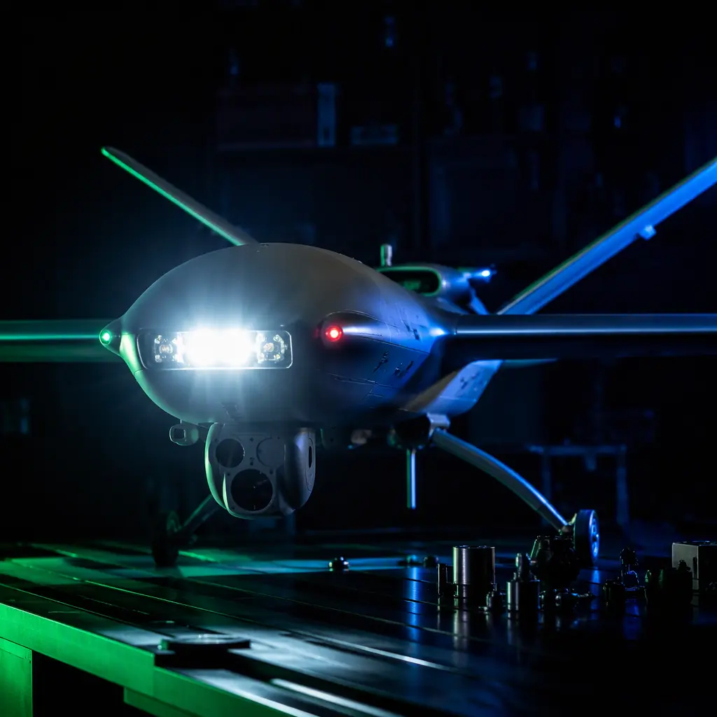UAV aircraft on a dark engineering bench with a high-intensity white LED strobe module mounted on the fuselage, dramatic side lighting with signal green and aero blue accents, professional product photography, no people faces, no text, no logos