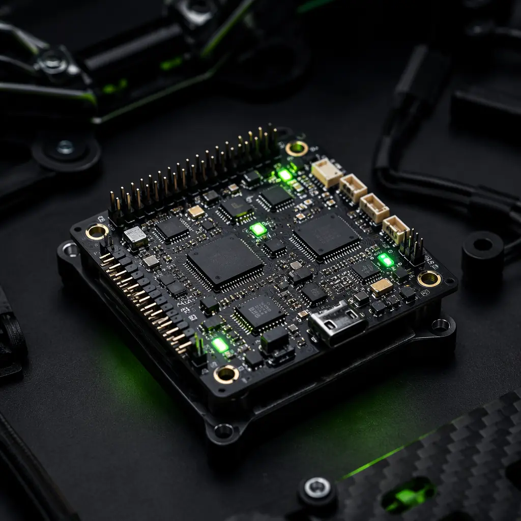 ArduPilot and PX4 autopilot comparison concept with flight controller hardware, ground station interface and mission planning overlay