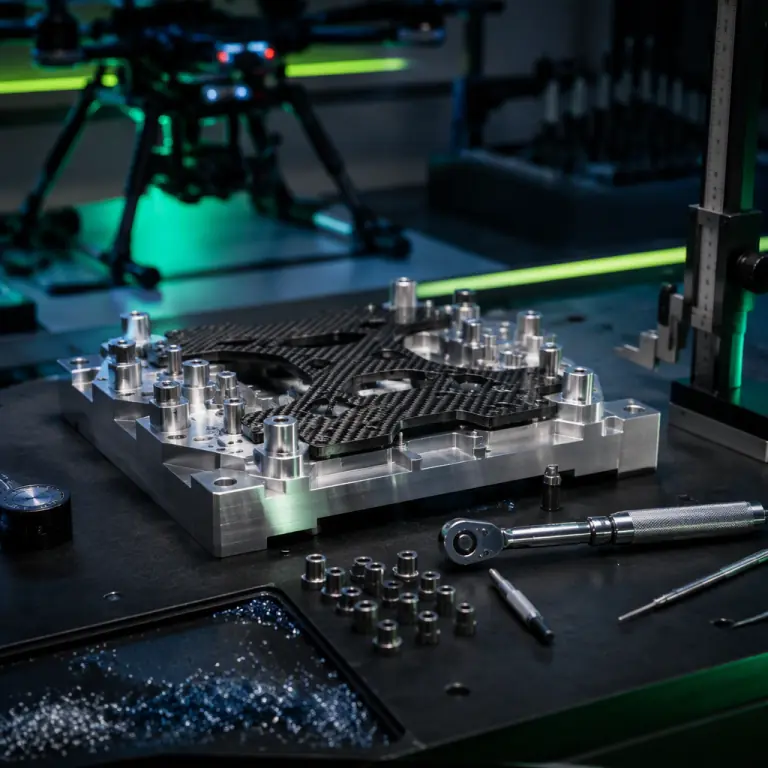 Professional photograph of a dark engineering workbench in a UAV assembly cell, showing a machined aluminium airframe alignment jig holding a carbon fiber centre plate, a set of drill bushings, a torque wrench and a height gauge laid out with precision, lime green and teal accent lighting, shallow depth of field, photorealistic, no people faces, no text, no logos