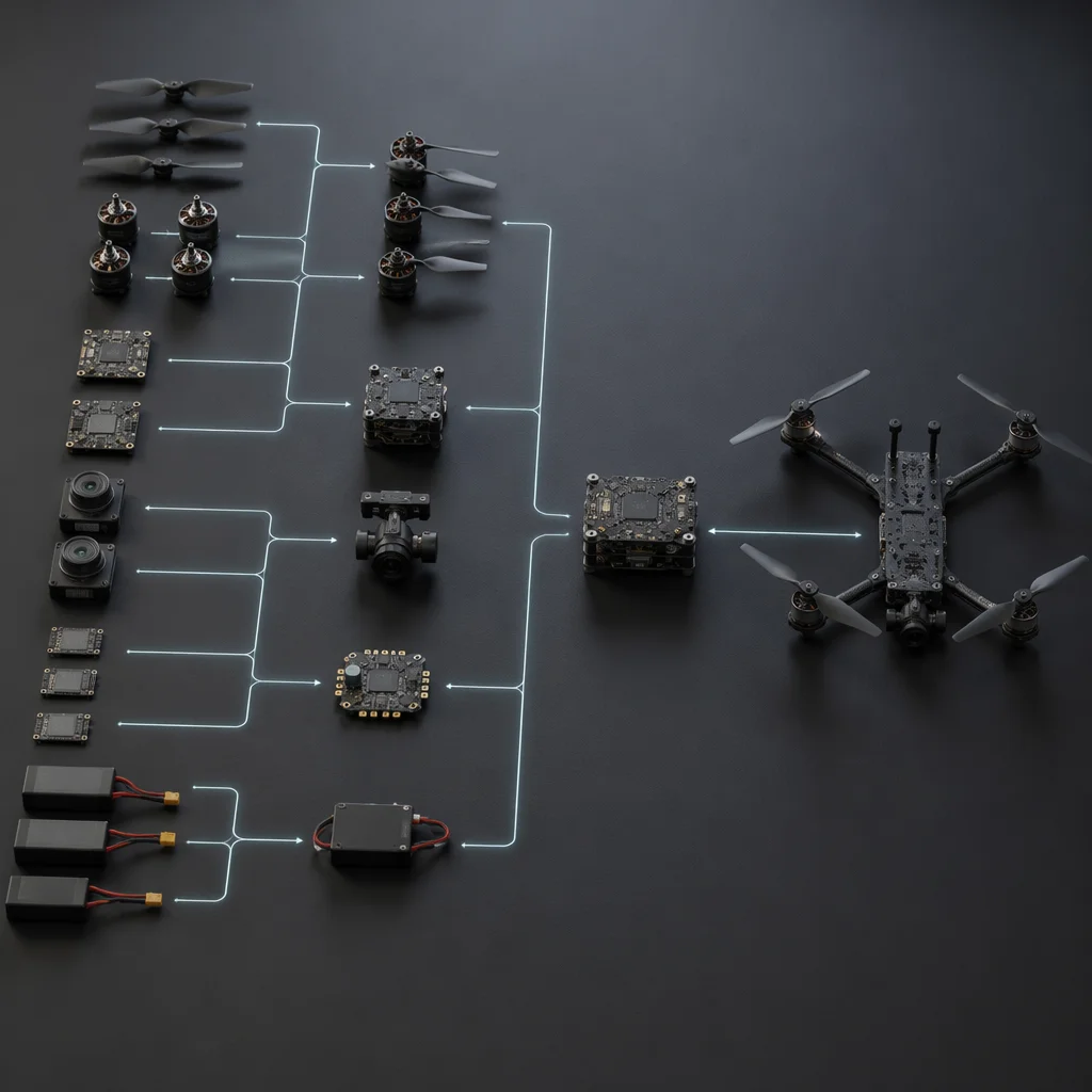 Conceptual illustration of UAV component sourcing strategy and procurement decision layers