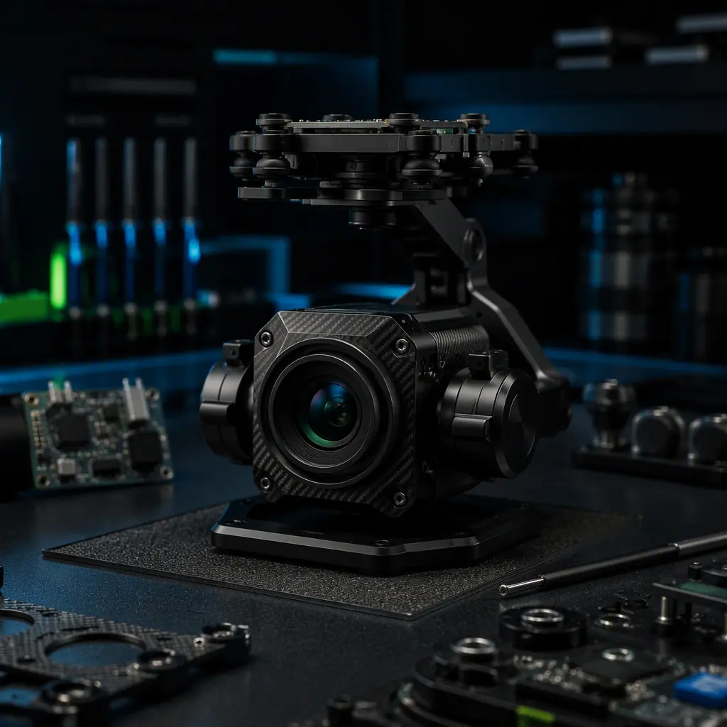 Professional UAV camera gimbal unit with visible lens and stabilization motors on a dark engineering bench — precision optical components, carbon fiber and circuit textures, green and blue accent lighting, no people faces, no text, no logos