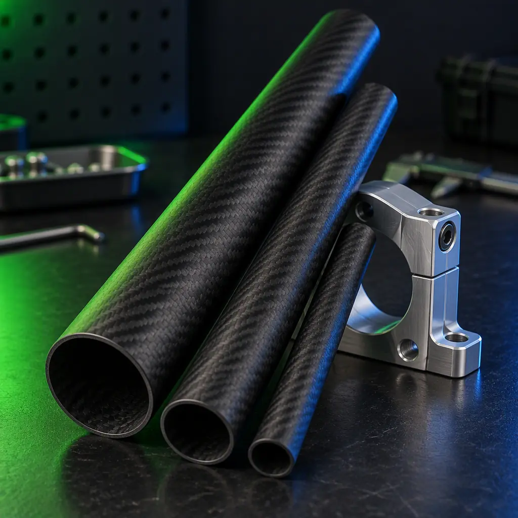 Carbon fiber UAV boom tubes of several diameters and wall thicknesses arranged on an engineering bench beside a machined aluminium tube clamp, dark workspace with signal green and aero blue accent lighting, no people faces, no text, no logos