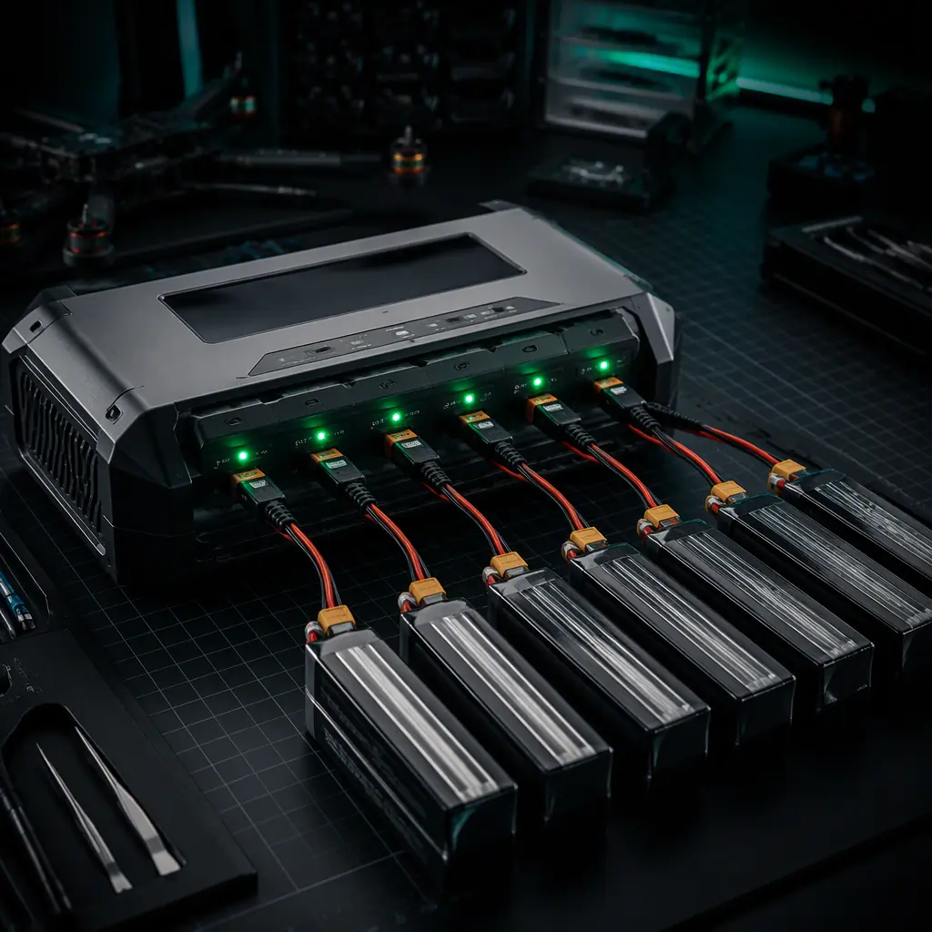 Professional photography of a UAV battery charger with multiple LiPo packs on a dark engineering bench, green LED indicators, precision electronics aesthetic, no people faces, no text, no logos