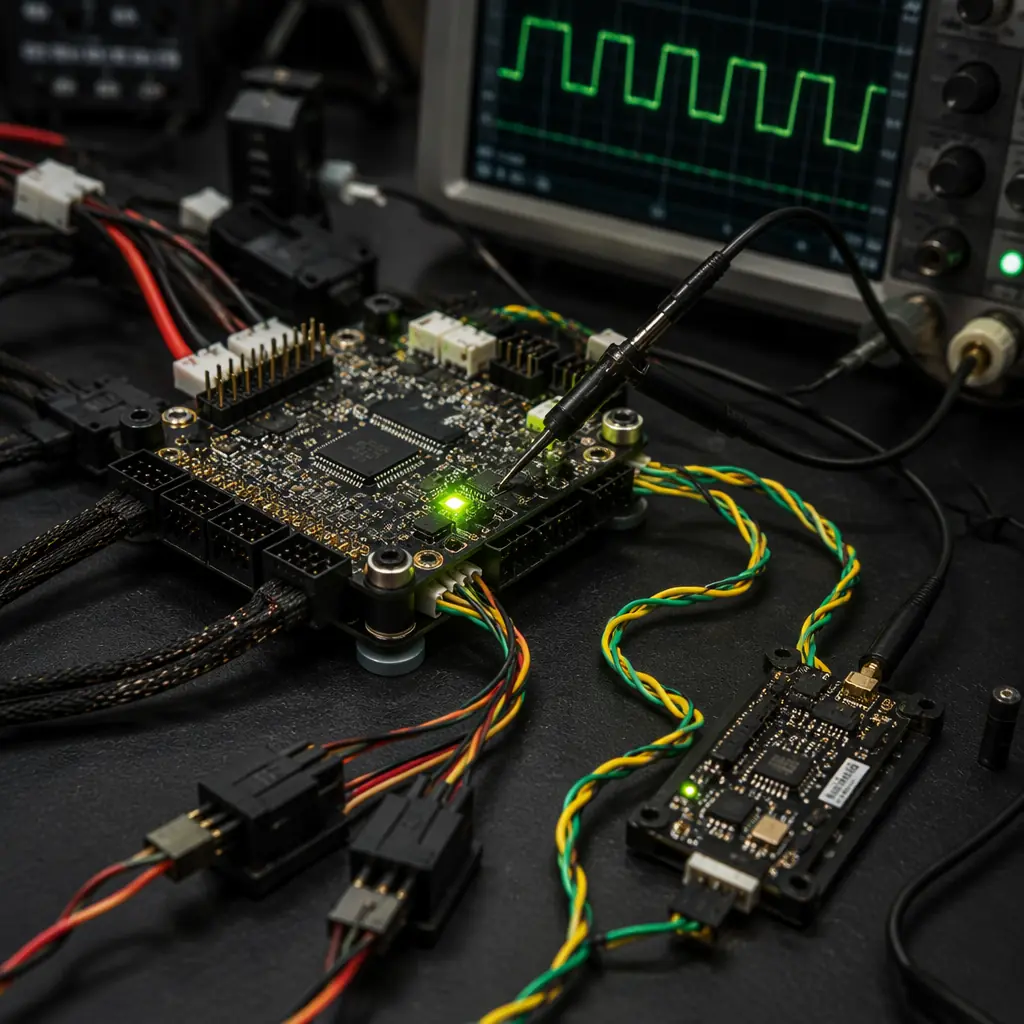 Industrial UAV avionics wiring harness on dark engineering workbench — flight controller board with multiple connector types visible, CAN bus twisted-pair cable, PWM servo connectors, SBUS receiver, CRSF telemetry radio module, oscilloscope probing a DShot signal line, professional avionics integration aesthetic with green accent lighting