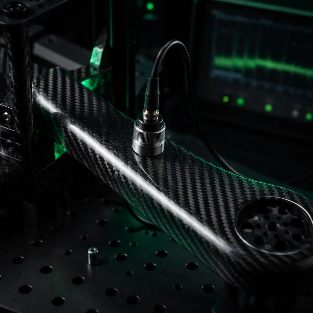 Close-up of a carbon fiber UAV airframe arm on an inspection bench with an ultrasonic probe, dark engineering environment with green accent lighting, no people faces, no text, no logos