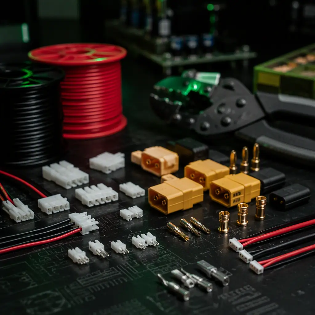 UAV electrical interconnect — assortment of JST connectors, XT60/XT90 power connectors, Molex PicoBlade signal connectors, silicone wire spools in various AWG gauges, crimping tool and connector kit on dark engineering workbench, dark tech aesthetic with signal green accent lighting