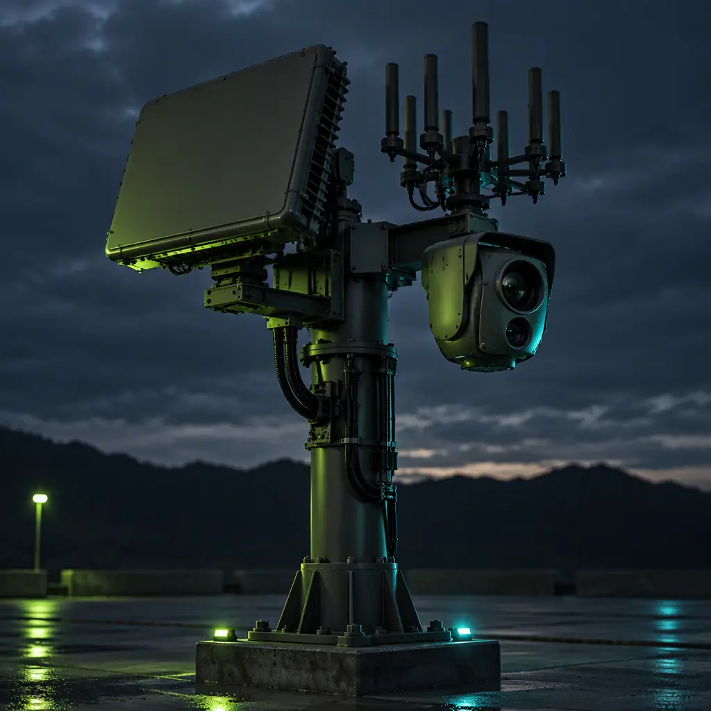 Photorealistic photograph of a counter-UAS detection sensor mast on a dark outdoor platform showing a phased array radar panel, an RF direction-finding antenna array and an EO/IR camera turret mounted on a common pedestal, dusk lighting with teal and amber accents, shallow depth of field, no people faces, no text, no logos