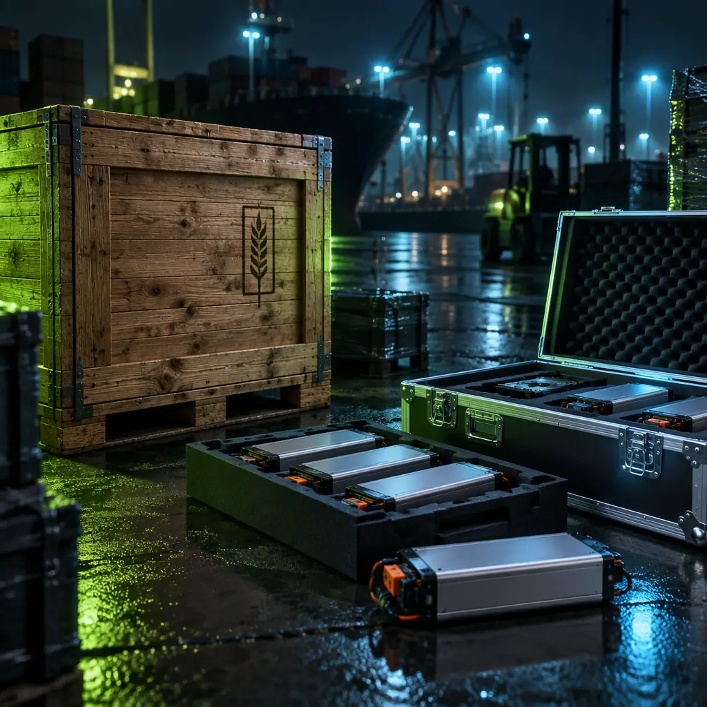 Lithium battery packs, a heat-treated wooden export crate with ISPM 15 stamp, aluminium flight case and foam-lined component trays on a dark industrial shipping dock, signal green and aero blue accent lighting, no people faces, no text, no logos