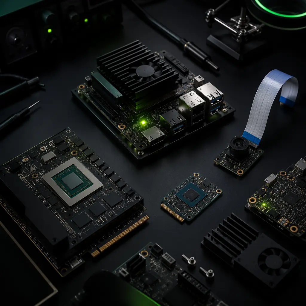 UAV edge AI computing — NVIDIA Jetson module and AI accelerator board alongside flight controller on dark engineering bench, companion computer with heatsink, camera module and sensor array, dark tech aesthetic with signal green accent lighting, professional embedded systems photography