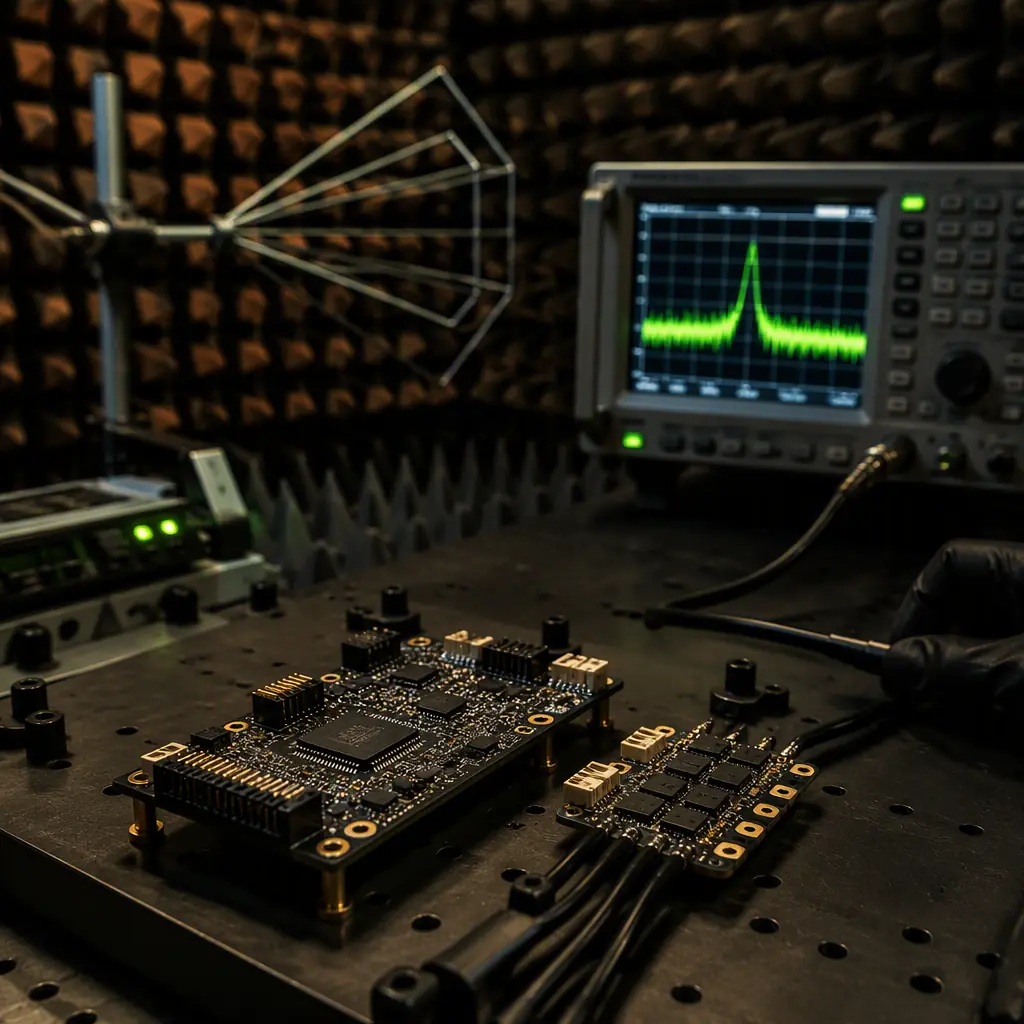 UAV avionics EMC test chamber concept — flight controller and ESC on test bench inside anechoic chamber with antenna array and spectrum analyzer, dark technical laboratory aesthetic with green signal traces, precision engineering environment