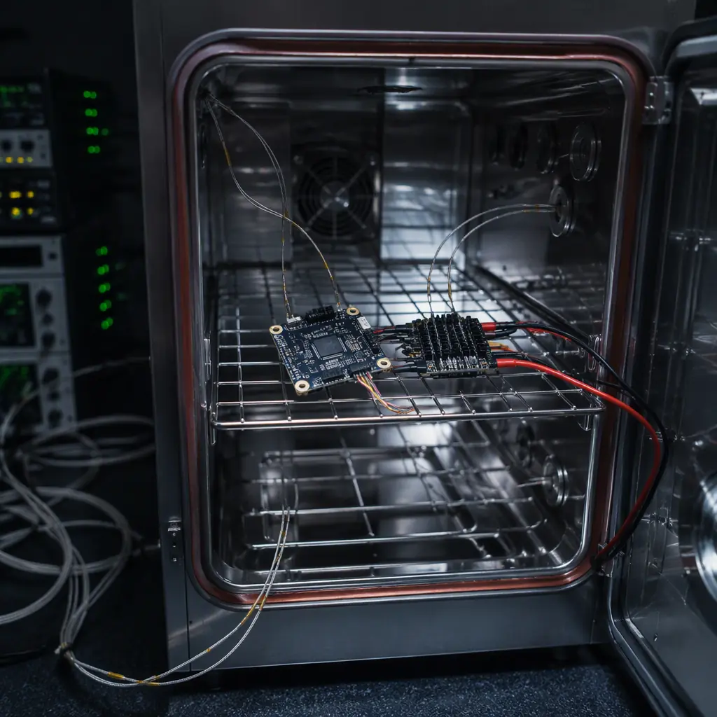 UAV flight controller and ESC inside an environmental test chamber with temperature sensor probes and cables, dark laboratory with green indicator lights, technical atmosphere, no people faces, no text, no logos