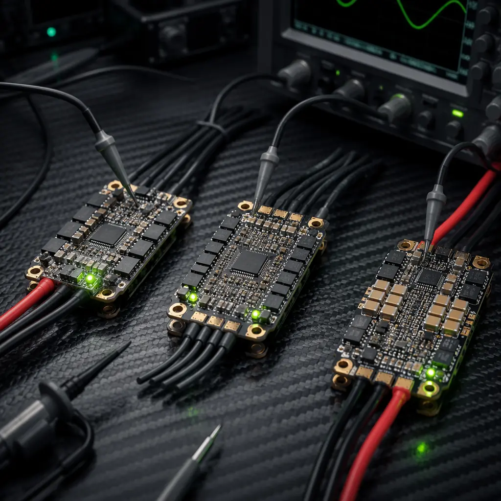 ESC firmware comparison concept — three electronic speed controllers on dark engineering bench with oscilloscope probes, showing BLHeli_32, AM32 and FOC architecture