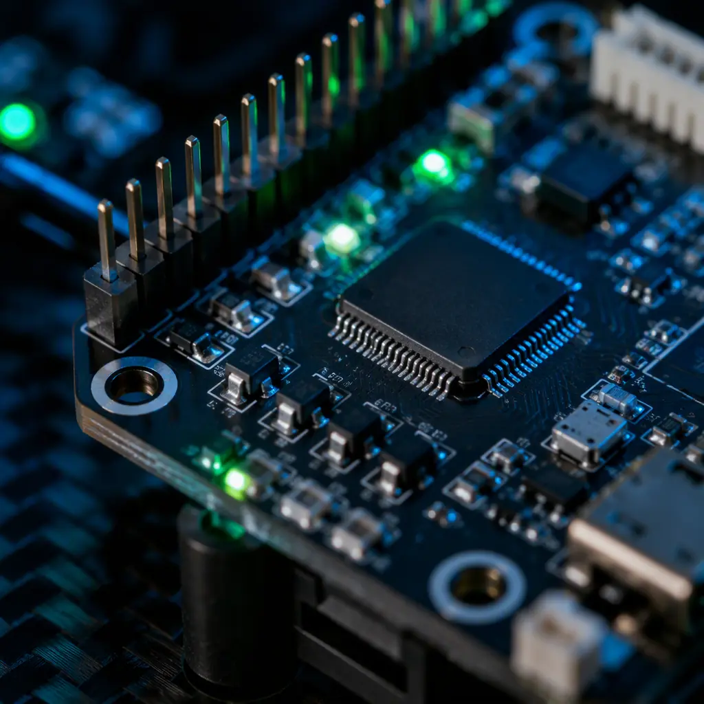 Macro photography of a UAV flight controller PCB with TVS diode protection components near the connector row, dark engineering bench with green LED indicators, signal green and aero blue accent lighting, no people faces, no text, no logos