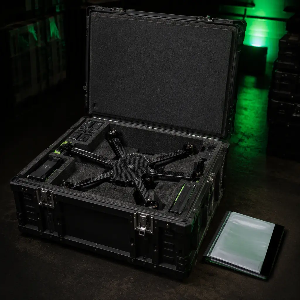 Export logistics for UAV components — reinforced shipping crate with foam-cut inserts holding a carbon fiber drone airframe and electronic modules, customs documentation folder beside it, dark warehouse background with green accent lighting, professional product photography, no people faces, no text, no logos