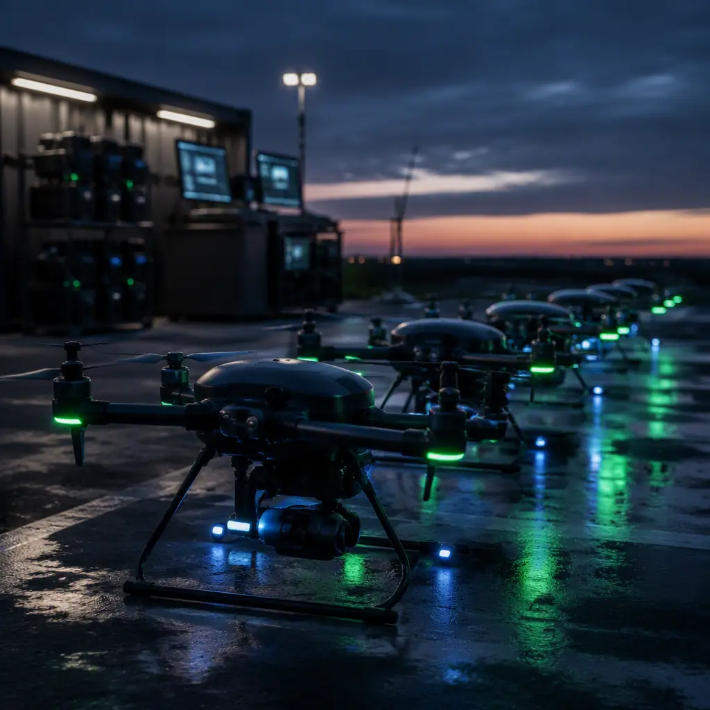 UAV fleet operations — several multirotor drones lined up on a landing pad at dusk with a ground control station and charging racks in the background, green and blue accent lighting, dark cinematic mood, professional photography, no people faces, no text, no logos
