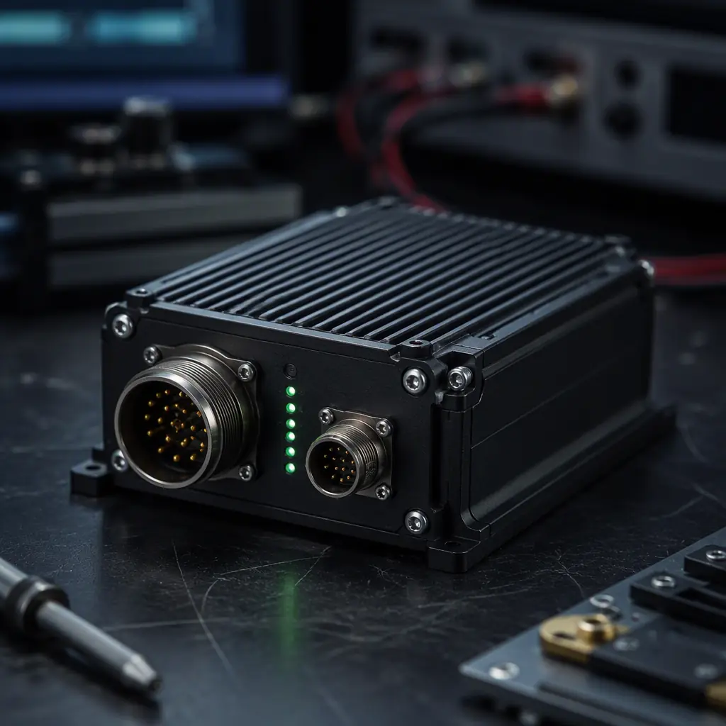 Professional photograph of a rugged black flight data recorder module with industrial connectors and green status LED indicators on a dark engineering workbench, precision electronics aesthetic, no people faces, no text, no logos