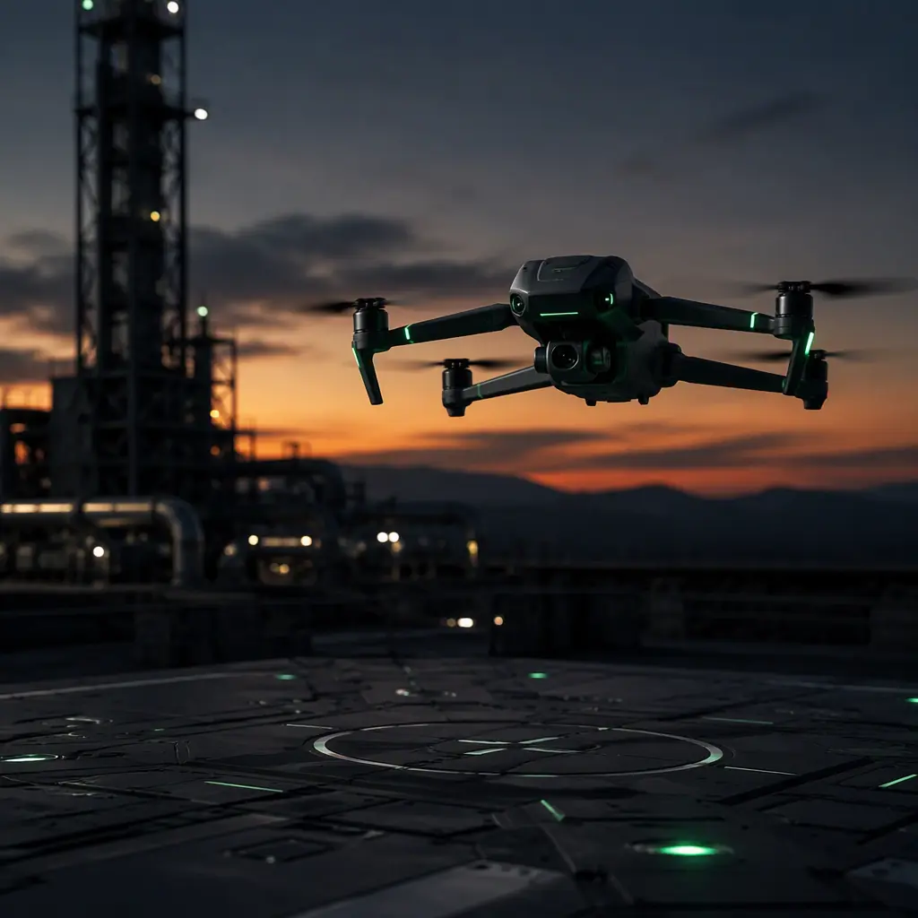 Professional photography of a UAV quadcopter hovering above a dark engineering pad at dusk, rotor blur, green accent LED glow, high-end product photography, no people faces, no text, no logos