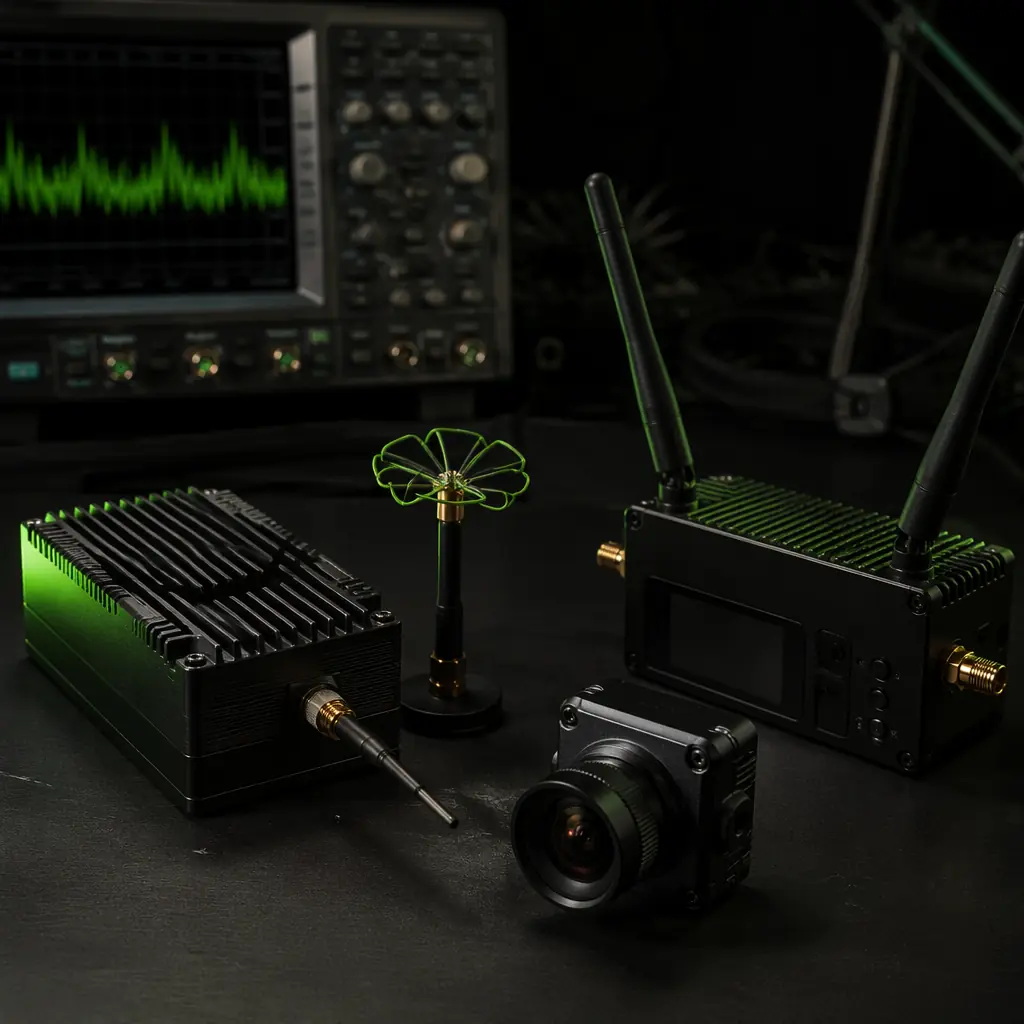 Industrial UAV FPV system components on dark engineering workbench — digital video transmitter module, circular polarized antenna array, HD camera module with lens, ground station receiver with diversity antennas, oscilloscope showing RF waveform, professional avionics aesthetic with green accent lighting