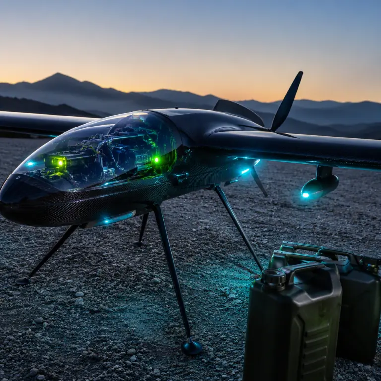 Professional photograph of a long-endurance UAV with a compact gasoline engine and generator module mounted in its center fuselage, carbon fiber airframe, launch team preparing at a remote airstrip at dawn, green and blue LED indicators, cinematic aviation atmosphere, photorealistic, no people faces, no text, no logos