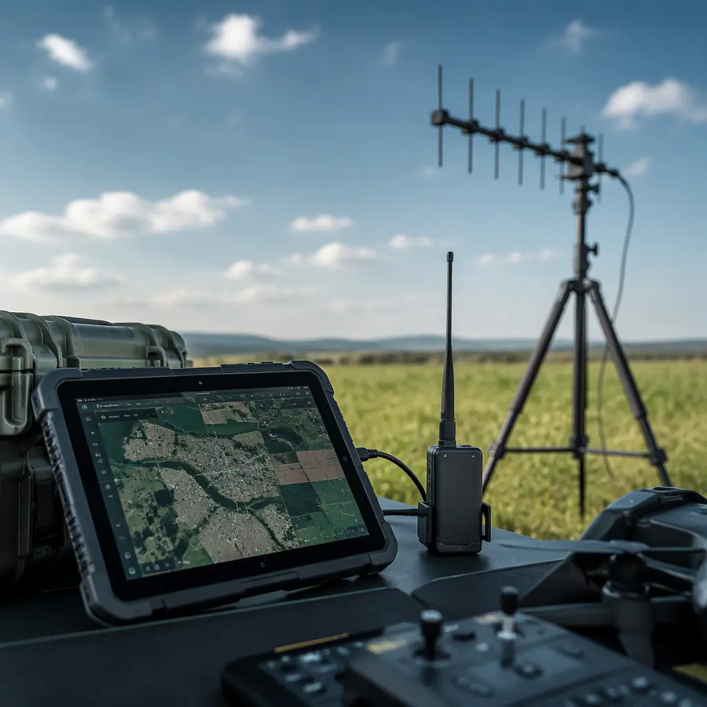 Professional UAV ground control station setup — rugged tablet running Mission Planner with satellite imagery map, telemetry radio module with antenna, antenna tracker with directional Yagi antenna, all on a tripod-mount field case, outdoor field environment, professional industrial drone operations aesthetic