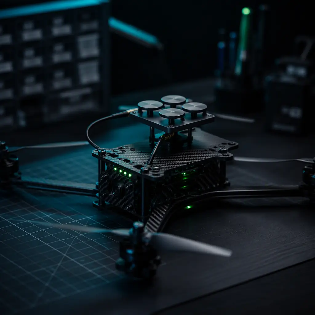 Compact UAV with multi-element GNSS antenna array on a dark engineering workstation — carbon fiber airframe, green LED status indicators, blue-green accent lighting, precision electronics aesthetic, no people faces, no text, no logos