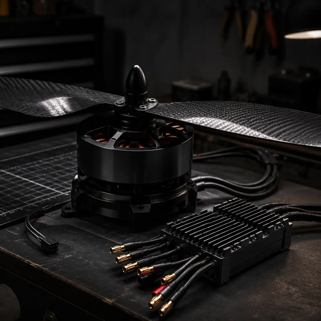 Heavy-lift UAV propulsion system with large-diameter low-KV motors, high-voltage ESCs and matched propellers on engineering workstation