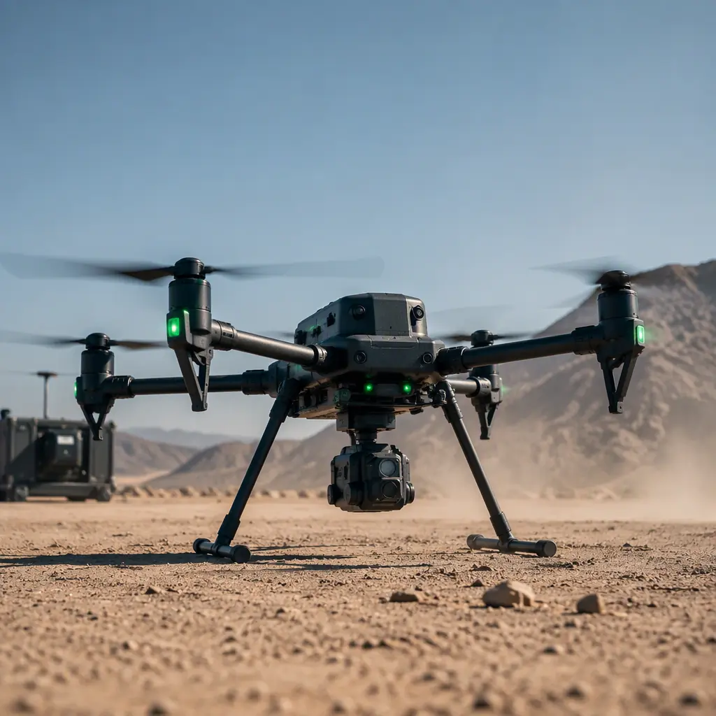 Professional photograph of an industrial UAV on a dusty desert landing pad at midday, heat haze over the sand, dark aircraft with green status LED accents, harsh sunlight and long shadows, no people faces, no text, no logos