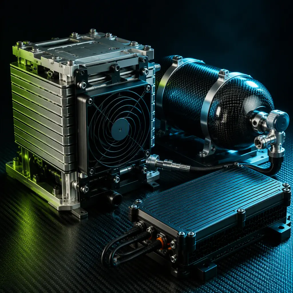 UAV hydrogen fuel cell propulsion system concept — PEM fuel cell stack with hydrogen storage cylinder and balance-of-plant components integrated into drone power system, dark engineering workspace with green accent lighting and technical instrumentation, professional aerospace technology photography, no people faces, no text, no logos