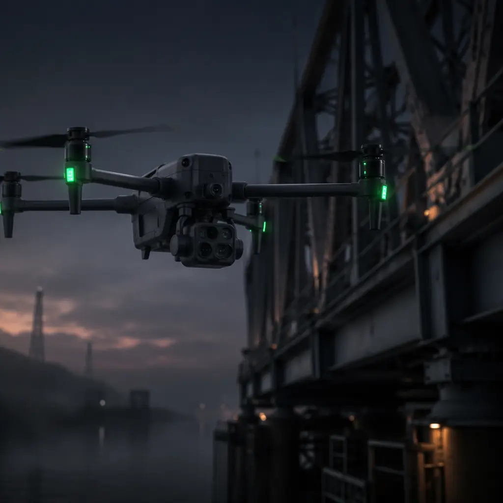 Industrial inspection UAV components — drone with thermal camera and sensors inspecting infrastructure, dark engineering atmosphere