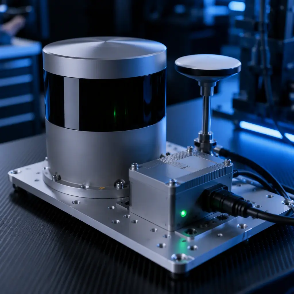 Professional photograph of a UAV LiDAR payload unit with laser scanner housing and IMU baseplate on an engineering bench, dark background with green accent lighting, precision electronics aesthetic, no people faces, no text, no logos