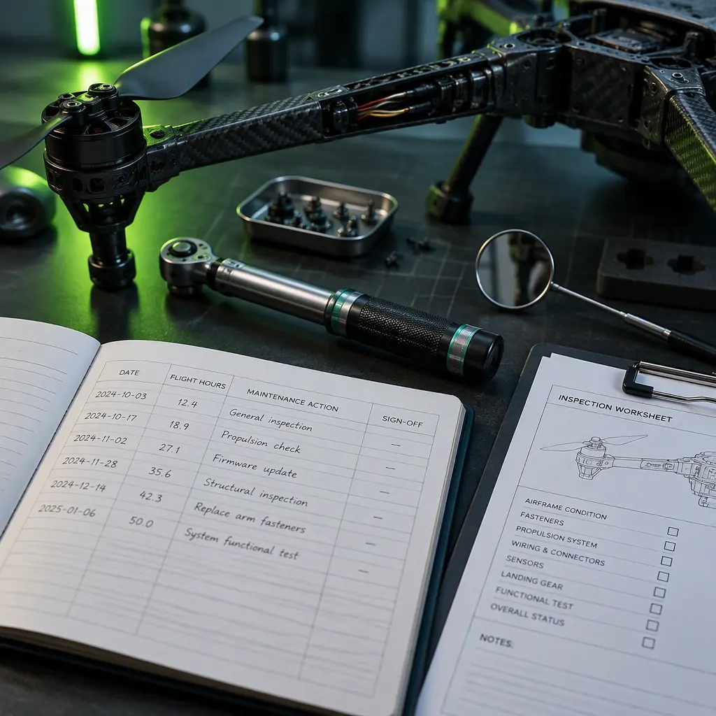 Professional studio photograph of an open UAV maintenance logbook and inspection worksheet on a dark engineering bench beside a partially disassembled carbon fiber drone arm with a torque wrench and inspection mirror, teal and lime green accent lighting, shallow depth of field, photorealistic, no people faces, no text, no logos