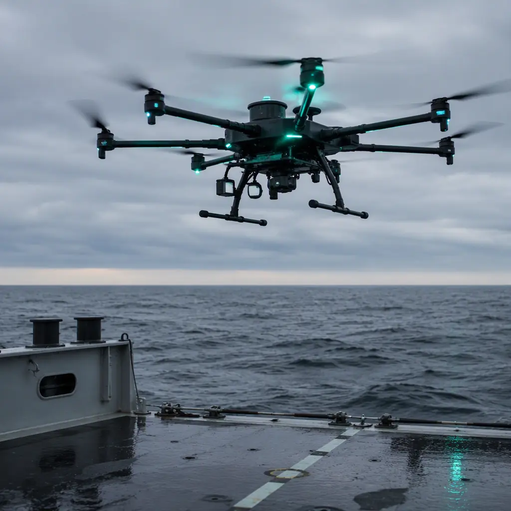Professional photograph of an industrial multirotor UAV with sealed waterproof housing and corrosion-resistant coating taking off from the deck of a survey vessel at sea, dark ocean and overcast sky, teal and green accent lighting on the airframe, photorealistic, no people faces, no text, no logos