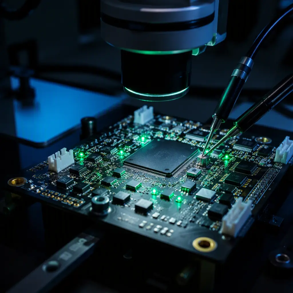 UAV flight controller PCB under precision inspection — surface-mount electronics board with green LED indicators examined under a laboratory microscope, dark engineering workstation with probe station, signal green accent lighting, professional electronics manufacturing photography, no people faces, no text, no logos