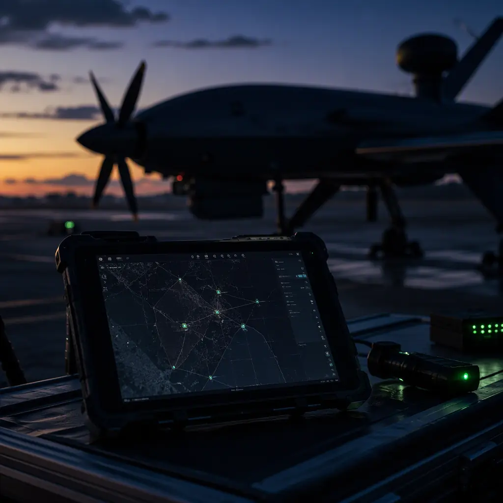 Ruggedized ground control tablet displaying a mission map on a field table beside a parked industrial UAV — aircraft silhouette in the background at dusk, dark tones with green and blue accent light, no people faces, no text, no logos
