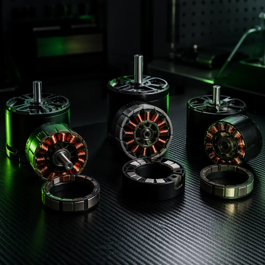 Industrial UAV brushless motor cross-section on dark engineering workbench — outrunner motor with visible copper windings, NdFeB magnets in rotor bell, stator laminations, dark tech aesthetic with signal green accent lighting, professional aerospace component photography