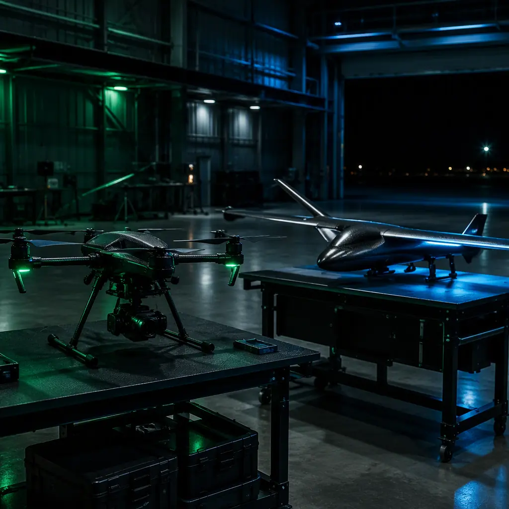 Industrial UAV hangar scene with a multirotor quadcopter and a fixed-wing aircraft on separate workbenches, dark engineering environment with signal green and aero blue accent lighting, no people faces, no text, no logos