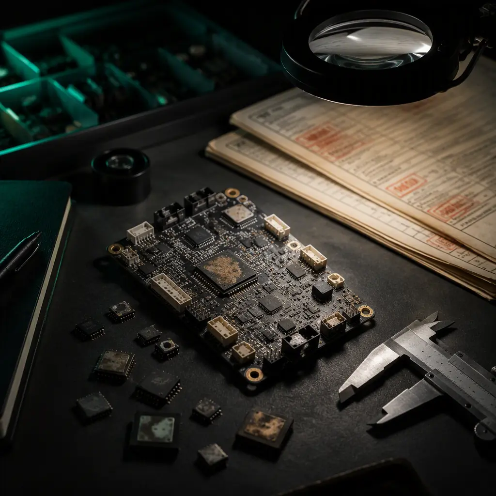 UAV component obsolescence management — aging electronic components on dark engineering workstation, flight controller board with highlighted EOL ICs, component lifecycle timeline documentation, calipers and magnifying lamp, dark tech aesthetic with signal green accent lighting