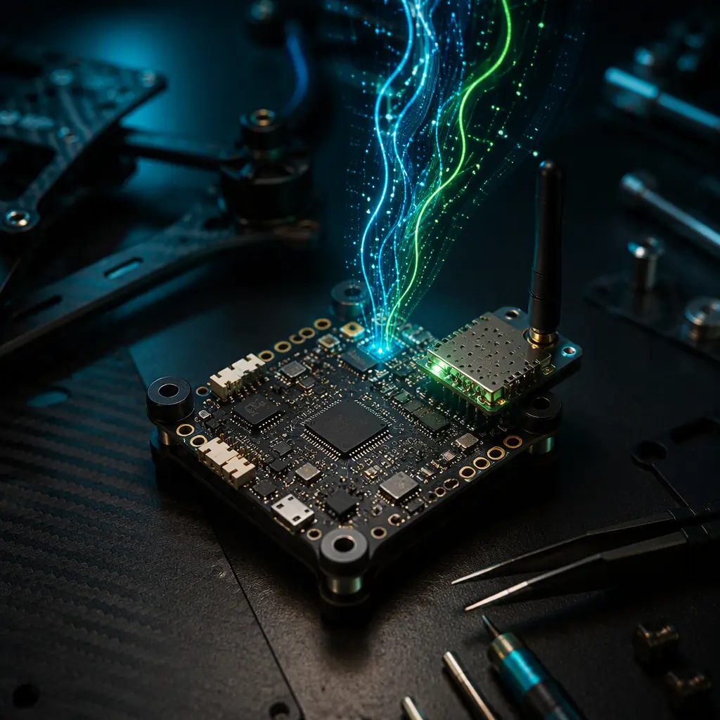UAV flight controller with wireless firmware update module on a dark engineering workstation — abstract light trails above the board, carbon fiber and circuit textures, green and blue accent lighting, no people faces, no text, no logos