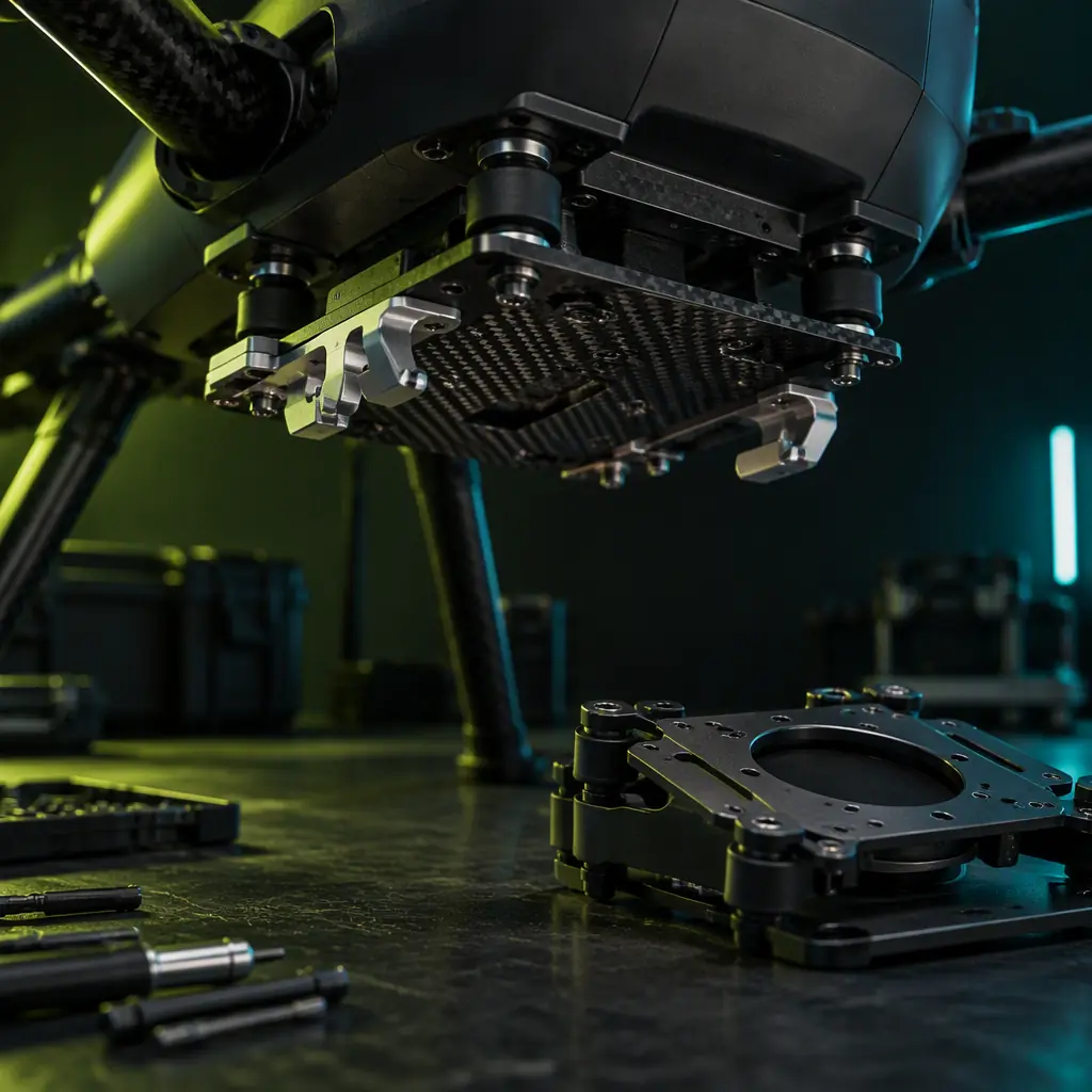 Photorealistic studio photograph of a UAV underbelly payload interface showing a carbon fiber quick-release mounting plate with machined latch hardware, isolated from the airframe by four elastomer dampers, with a payload gimbal plate resting alongside on a dark bench, teal and lime green accent lighting, shallow depth of field, no people faces, no text, no logos