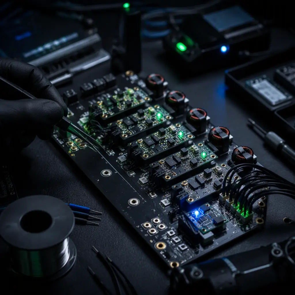 UAV payload power distribution board with buck converters, filter inductors and a sensor module being wired on an engineering workbench, dark industrial background with green and blue accent lighting, no people faces, no text, no logos