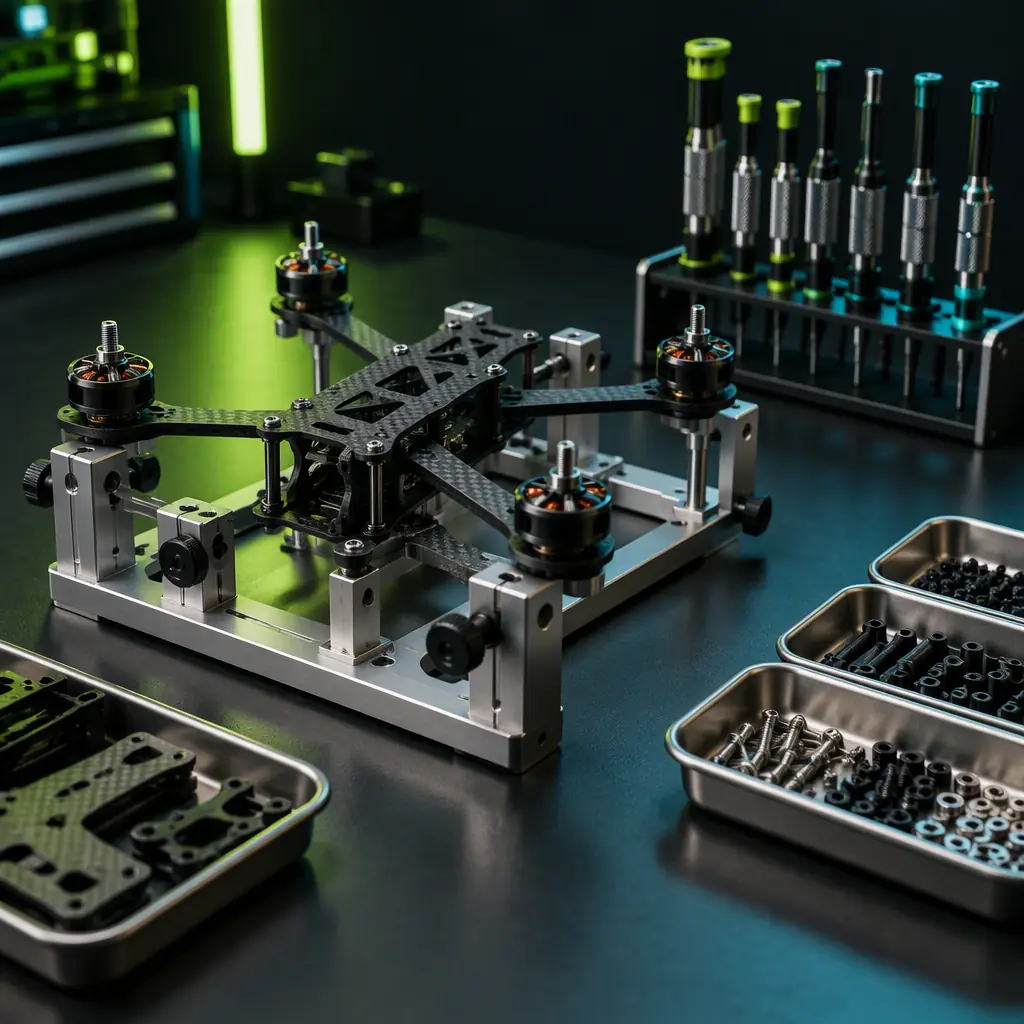 Photorealistic photograph of a UAV assembly workshop bench showing a partially assembled carbon fiber airframe with a build documentation binder, torque drivers arranged in a rack, and numbered component trays, teal and lime green accent lighting, shallow depth of field, no people faces, no text, no logos
