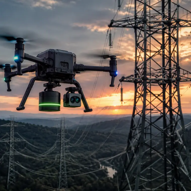 Professional photograph of a rugged industrial UAV with LiDAR and thermal payload gimbal flying alongside a high-voltage transmission tower at dusk, conductor lines receding into the distance, green and blue LED indicator lights on the airframe, cinematic utility inspection atmosphere, photorealistic, no people faces, no text, no logos