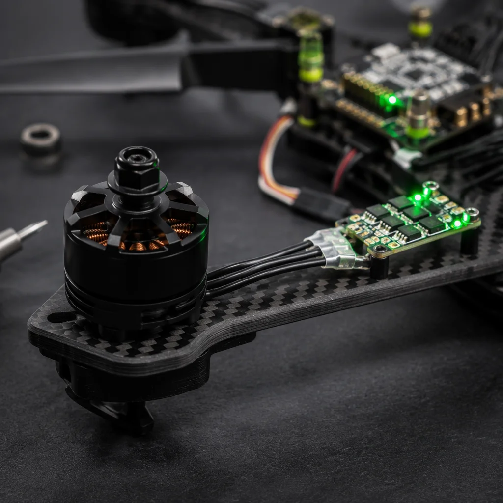 Industrial UAV powertrain components — flight controller, ESC and motor — shown as a connected system