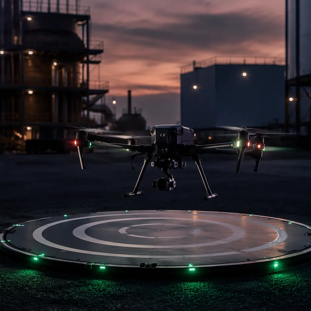 Photograph of a UAV quadcopter making a precision landing onto a circular landing pad with concentric ring markings at dusk, dark industrial yard, green accent lighting, no people faces, no text, no logos