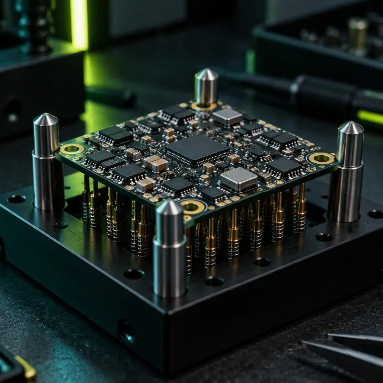 Photorealistic photograph of a UAV flight controller PCB seated in a bed-of-nails test fixture with spring-loaded pogo probes contacting the underside of the board, in a dark electronics production area with teal and lime green status lighting, shallow depth of field, no people faces, no text, no logos