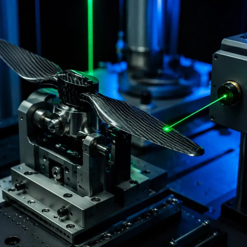 Carbon fiber UAV propeller mounted on a dynamic balancing machine with a green laser measuring blade tip position in a dark engineering workshop, green accent lighting, no people faces, no text, no logos