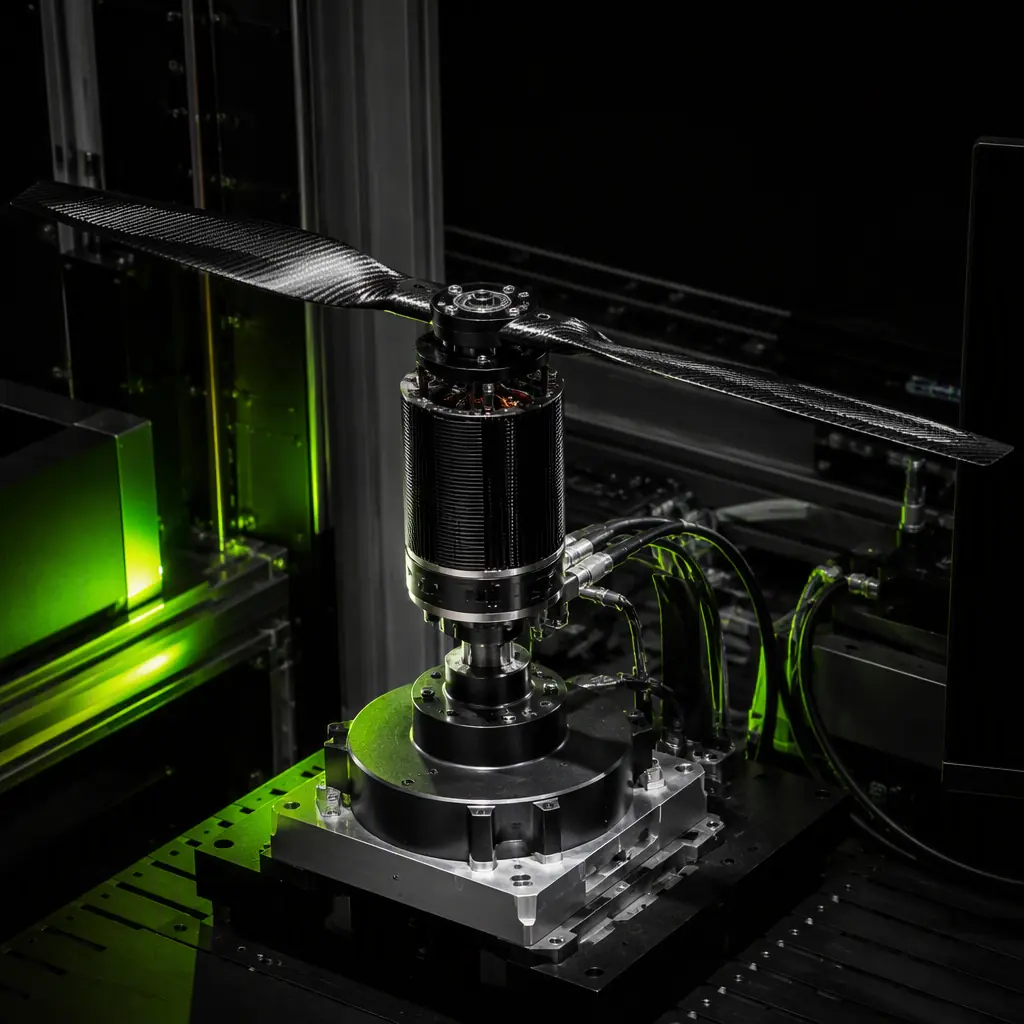 UAV propulsion test stand with brushless motor, propeller, load cell and data acquisition system in engineering lab