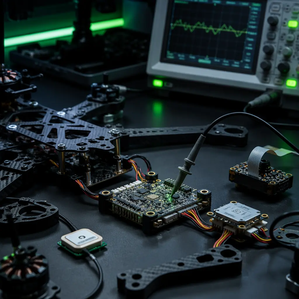Research UAV development workstation with open flight controller, modular airframe parts, sensor payloads and oscilloscope on dark engineering desk, academic research aesthetic