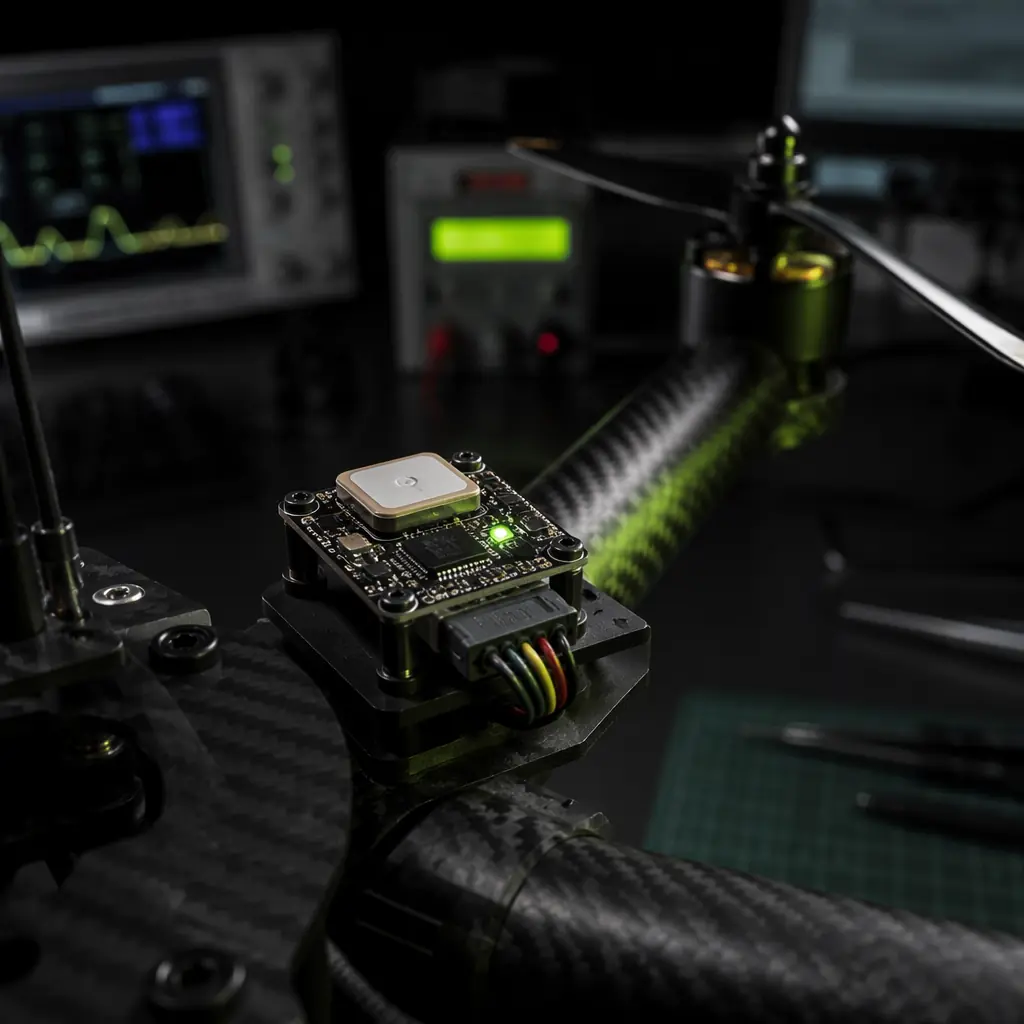 UAV Remote ID broadcast module mounted on drone airframe — compact electronic transmitter with GPS antenna, status LED, and data connector, dark engineering workspace aesthetic with regulatory compliance atmosphere